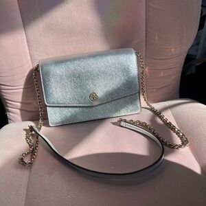 Tory Burch Silver Crossbody Bag with Gold Chain